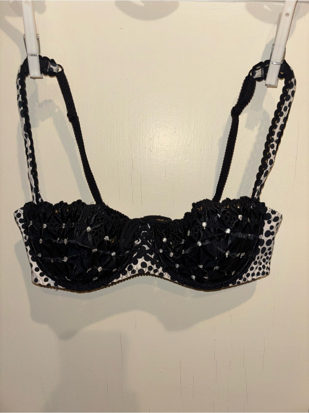 Aubade Black Embellished Balconette Demi Underwire Bra with White Polka Dot Band